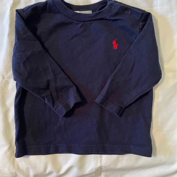 Ralph Lauren Baby Long Sleeve Navy Snap Shoulder 12 Month Shirt Red Polo Emblem - Picture 7 of 7